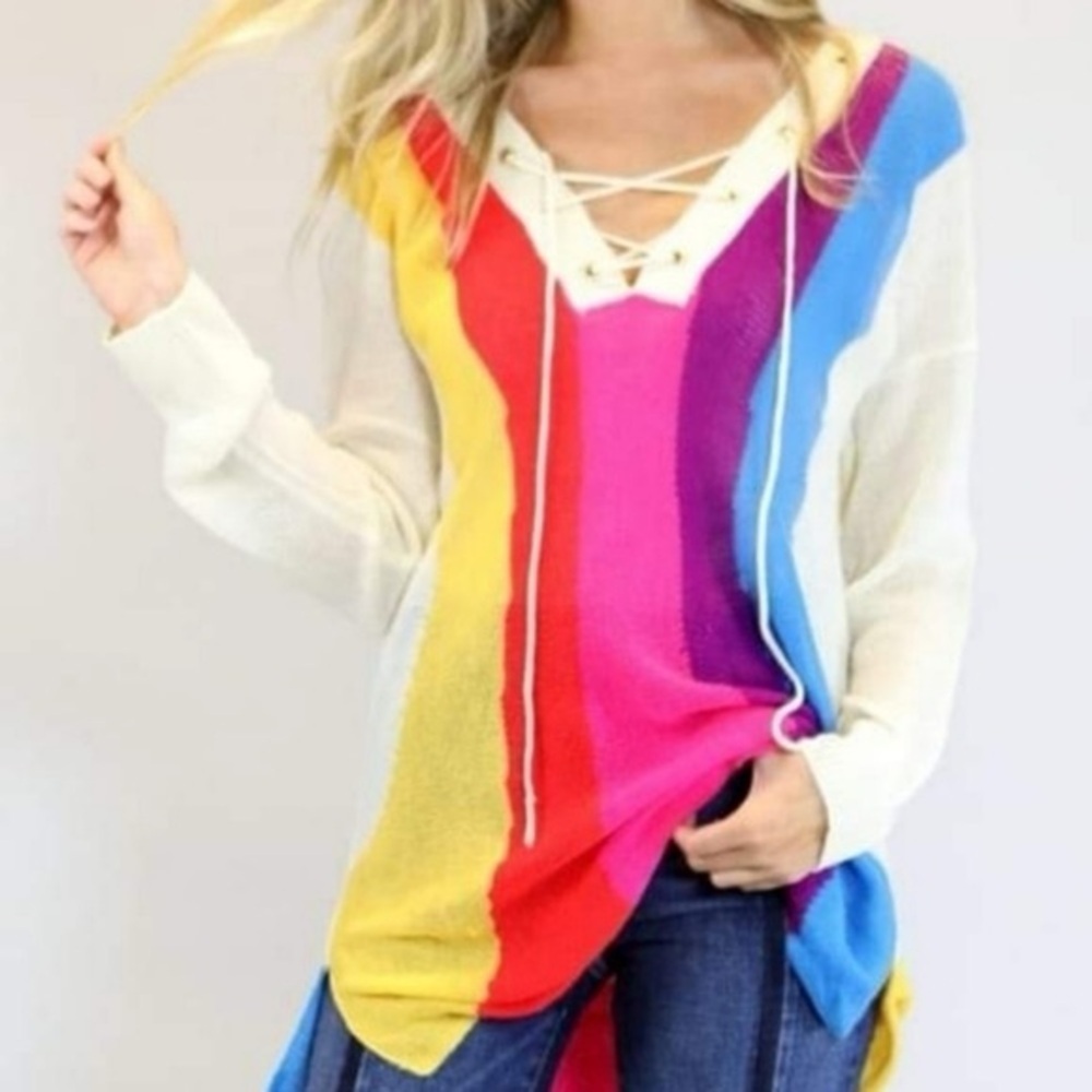 JUDITH MARCH Striped Colorful Sweater Dress Coverup Lace Up Corset Neckline